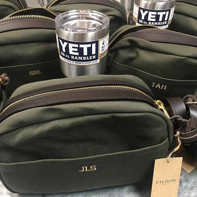 Congrats @kylanl & @jsarmtackle! Wishing you a great wedding day and hoping your groomsmen are happy with their new customized  #Filson dopp kits! #kylanandjustin #dunstangroup #embroidery #groomsmengift #pawleysisland